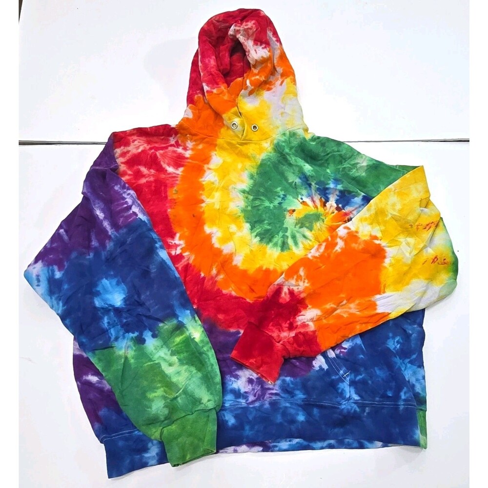 Hanes Ultimate Cotton Mens Pullover Hoodie Tie Dye Rainbow Fleece Multicolor L